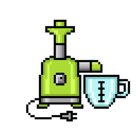 Pixel art green juicer with a jar symbol isolated on white background. Kitchen appliance icon. 8 bit juice extractor. Old school vintage retro 80s, 90s 2d computer, video game, slot machine graphics.のイラスト素材
