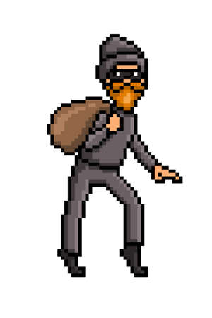 Pixel art sneaking thief in a black mask and costume with a money bag isolated on white. 8 bit tiptoeing robber.Old school vintage retro 80s, 90s 2d computer, video game, slot machine graphics.のイラスト素材