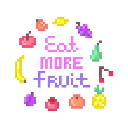 Eat more fruit, pixel art healthy diet print. 8 bit icons of apple, apricot, lemon, grape, pear, cherry, pineapple, orange, pomegranate, plum, banana isolated on white background. 2d game graphics.のイラスト素材