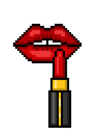 Girl applying red lipstick, 8 bit pixel art illustration isolated on white background. Makeup product. Lip cosmetics. Old school vintage retro 80s, 90s 2d computer, video game, slot machine graphics.のイラスト素材