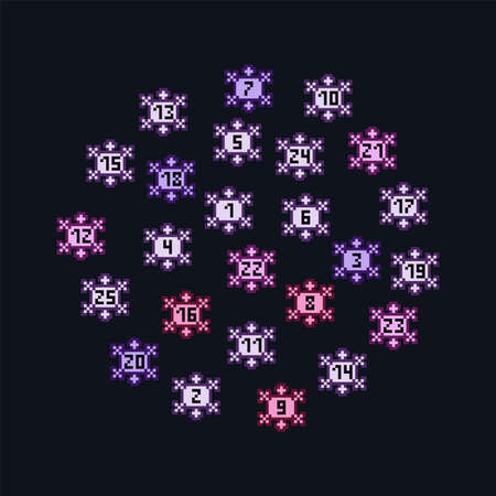 Christmas Advent calendar with randomly mixed numbers written on snowflakes forming round ornament...