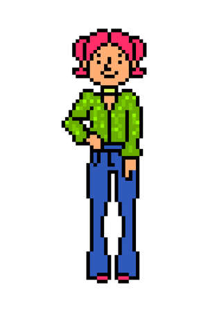 Girl with pink hair in a green fluffy jacket and flare jeans, 8 bit pixel art character isolated on white. Fashion model posing. Vintage retro 80s, 90s 2d computer, video game, slot machine graphics.のイラスト素材