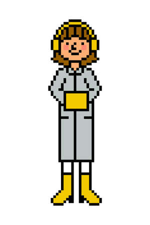 Girl in gray coat, yellow earmuffs and muff, 8 bit pixel art character isolated on white background. Winter fashion. Old school vintage retro 80s, 90s 2d computer, video game, slot machine graphics.のイラスト素材