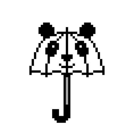 Pixel art kids' panda shape umbrella icon isolated on white background. Funny animal childrens' parasol. Rainy weather accessory. Vintage retro 80s, 90s 2d computer, video game, slot machine graphics.のイラスト素材