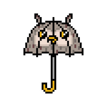 Pixel art kids' owl shape umbrella icon isolated on white background. Funny animal childrens' parasol. Rainy weather accessory. Vintage retro 80s, 90s 2d computer, video game, slot machine graphics.のイラスト素材