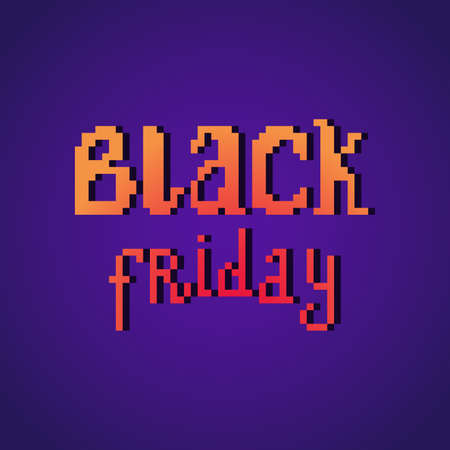 Pixel art Black Friday sale banner with orange to red gradient text on purple background. Discount brochure. Price drop flyer. Shopping coupon. Retro 2d computer, video game, slot machine graphics.のイラスト素材