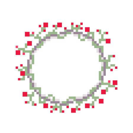 Pixel art round botanical ornament frame with text space isolated on white background. 8 bit circle border. Natural decorative wreath. Abstract climbing plant garland with red berries and swirls.のイラスト素材