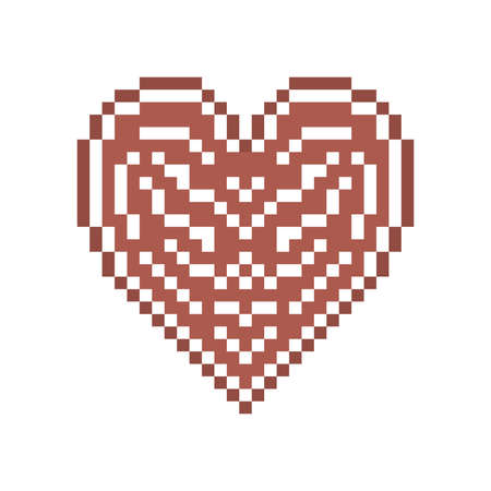 Pixel art gingerbread cookie heart decorated with white sugar icing, 8 bit food icon isolated on white background. Sweet spicy frosted biscuit. Edible ornament. Christmas dessert.Winter holiday pastryのイラスト素材