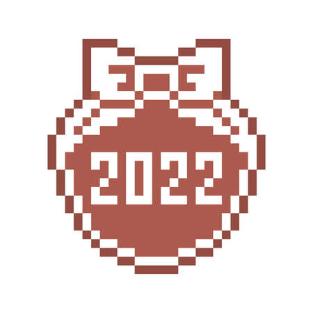 Pixel art gingerbread cookie Christmas bauble decorated with white sugar icing,8 bit food icon isolated on white background. 2022 Happy New Year dessert ornament with ribbon bow.Winter holiday pastryのイラスト素材