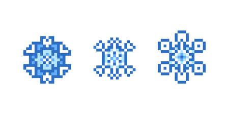 Set of 3 blue pixel art snowflakes isolated on white background. 8 bit weather icons. Decorative winter ornaments.Christmas, New Year symbols, vector clip art.Holiday design elements.2d game graphics.のイラスト素材