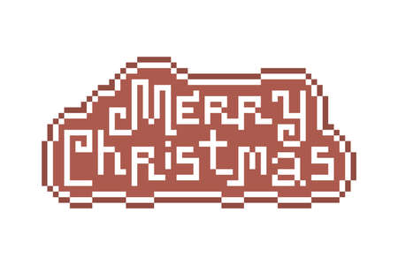 Pixel art gingerbread cookie decorated with sugar icing "Merry Christmas" text. 8 bit food icon isolated on white background. Festive chocolate biscuit dessert. Winter holiday pastry treat.のイラスト素材