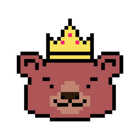 Happy king bear in a golden crown, pixel art character head isolated on white background. Old school 8 bit slot machine, video game graphics. Animal queen, princess, prince logo. Award winner mascot.のイラスト素材