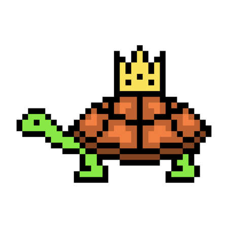 Side view turtle in a golden crown, pixel art character head isolated on white background. Old school 8 bit slot machine, video game graphics.Animal queen, princess, prince logo.Winner tortoise mascotのイラスト素材