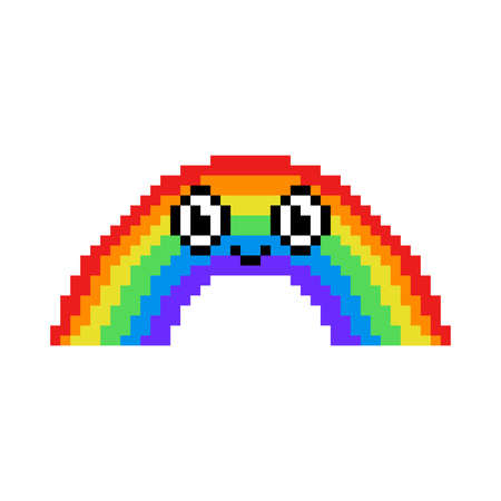 Pixel art happy rainbow with face isolated on white background. 8 bit cartoon weather character clip art.  LGBT symbol. St patrick's day mascot. Gay pride month logo. Retro 2d video game graphics.のイラスト素材