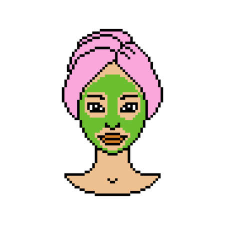 Pixel art portrait of asian woman applying green face mask. Girl in a pink head towel after a shower isolated on white. 8 bit caucasian female character. Beauty routine. Skin care spa salon procedure.のイラスト素材