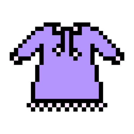 Pixel art symbol of purple little girls' dress isolated on white background. Children's fashion. Stylish kid clothes icon. Old school retro vintage 90s, 80s 8 bit slot machine, video game graphics.のイラスト素材