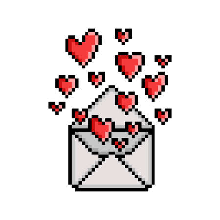 Pixel art love letter. 8 bit open envelope with many flying red hearts isolated on white background. Valentine's day clip art. February 14th romantic gift print. Surprise mail symbol. Received messageのイラスト素材