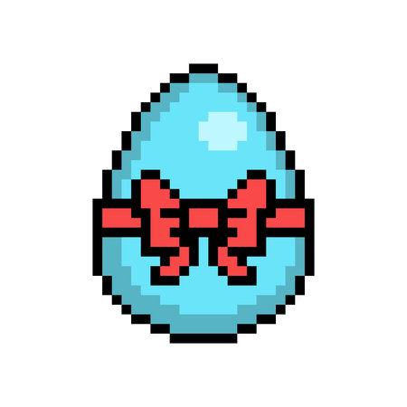 Easter egg painted blue decorated with red ribbon bow, 8 bit icon isolated on white background. Old school vintage retro 80s, 90s 2d video game, slot machine graphics.のイラスト素材