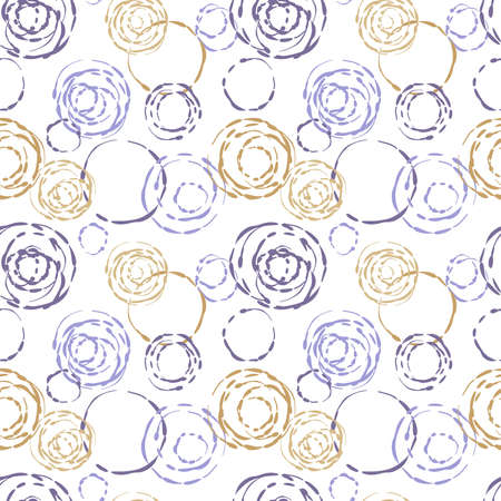 Purple and yellow chaotic circle brush imprints of different size on white, seamless background. Intersecting round shapes print. Abstract geometric vector pattern for textile, surface, graphic designのイラスト素材