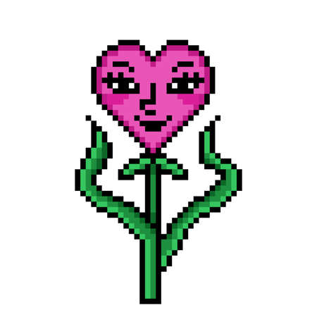 Pixel art heart-shaped flower with woman face on white. Magic plant clip art. Symbol of love growing. Mother Nature character. Old school vintage retro 80s, 90s 2d video game, slot machine graphics.のイラスト素材