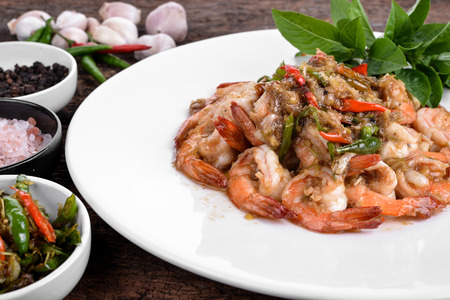 Stir fried shrimp with chili and saltの写真素材