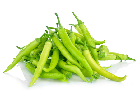 Green chili peppers isolated on whiteの写真素材