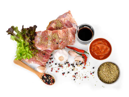 Delicious grilled pork ribs in BBQ sauce isolated on white backgroundの写真素材