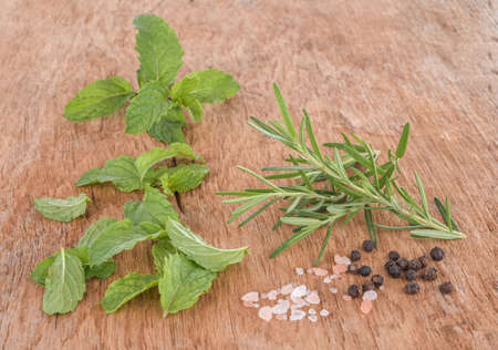 Rosemary  and  Peppermint Old wooden backgroundの写真素材