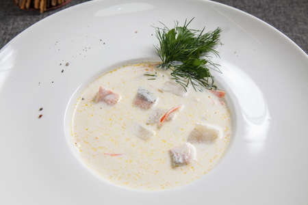 Cream of salmon soup ready to serveの写真素材