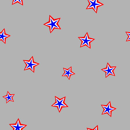 Star chaotic seamless pattern. American patriotic stars image in bright red, blue and white on grey background. Template for prints, textiles, wrapping, wallpaper, website. Stock vector illustrationのイラスト素材