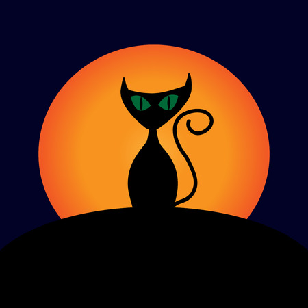 Cat and moon sign. Image of black kitty with green eyes on full moon background. Symbol of superstition.  for party or greeting. Mysterious animal. Mark of Halloween. Stock VECTOR illustrationのイラスト素材