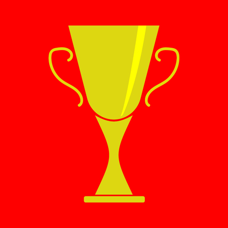 Cup winner sign. Symbol of prize. Golden trophy isolated on red background. Achievement shiny mark. Concept of award. Modern art scoreboard. Stock vector illustrationのイラスト素材