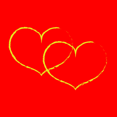 Sign yellow double heart. Image of love. Yellow icon isolated on red background. Colorful romantic symbol. Logo for passion. Light health content. Mark of Valentine. Stock vector illustrationのイラスト素材