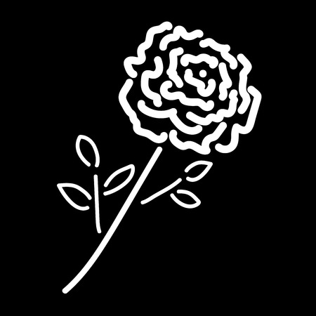 Single rose sign. Image of floral. White icon isolated on black background. Bloom flower symbol. Logo for romantic. Florist content. Mark of blossom. Stock vector illustrationのイラスト素材