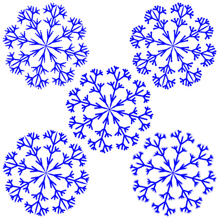 Snowflake sign set. Winter design. Image of snow season. Blue ice icons isolated on white background. Cold ornament symbol. Logo for christmas or frozen celebration. Stock vector illustrationのイラスト素材
