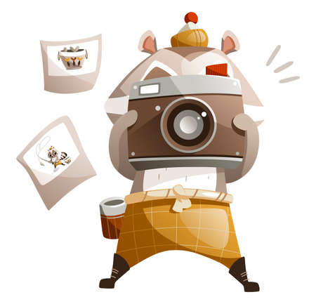 Illustration of a cartoon raccoon taking pictures with a camera.のイラスト素材