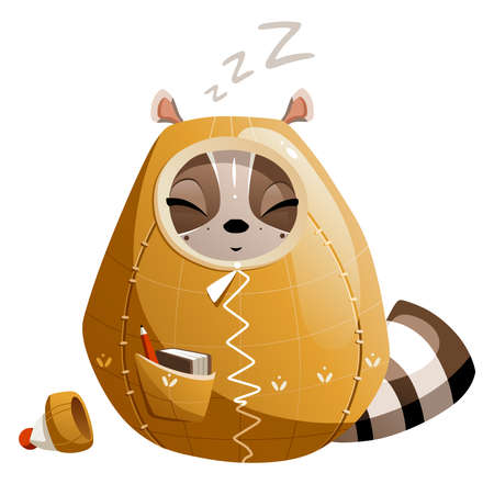 Cute cartoon raccoon sleeping in a sleeping bag.のイラスト素材