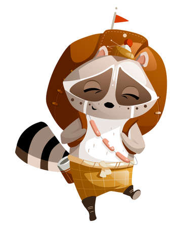 A funny cartoon raccoon goes hiking with a huge backpack.のイラスト素材