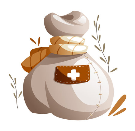 Illustration of a cartoon bag with pharmacy supplies for first aid.のイラスト素材
