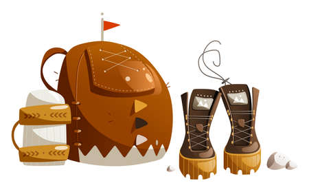 Illustration of a cartoon huge brown tourist backpack with a flask and hiking boots.のイラスト素材