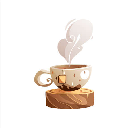 Autumn cup of hot tea standing on a wooden stand with a feather in the shape of an oak leaf.のイラスト素材