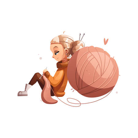 Happy creative cartoon girl knitting sitting next to a huge ball of wool. Hobby courses or master classes for teaching knitting. Detailed vector illustration.のイラスト素材