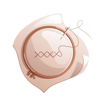 Round embroidery hoop with white square fabric and needle and thread. Detailed vector illustration.のイラスト素材