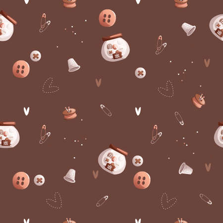 Seamless vector pattern consisting of sewing elements such as buttons, jars, thimbles, pins and more on a brown background.のイラスト素材