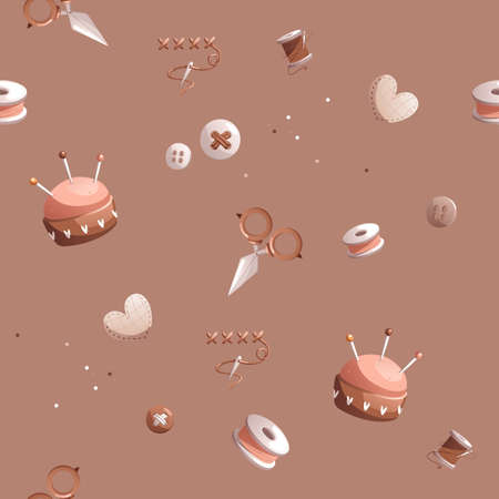 Seamless vector pattern consisting of sewing attributes such as buttons, needle holder, scissors, thread, needle.のイラスト素材