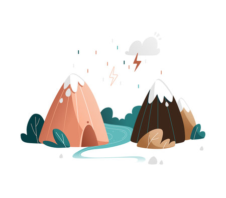 Vector mountain landscape with river, bushes, mountains, rain and thundercloud.のイラスト素材