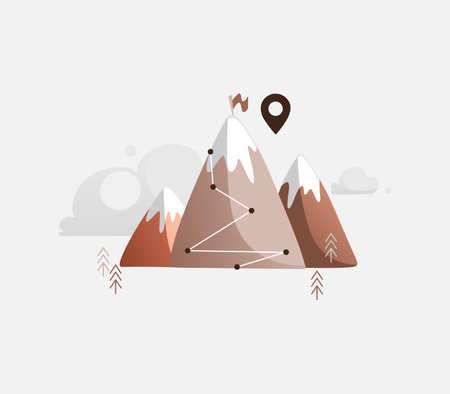 Brown vector mountain landscape with mountains and clouds. The route of conquering the mountain.のイラスト素材