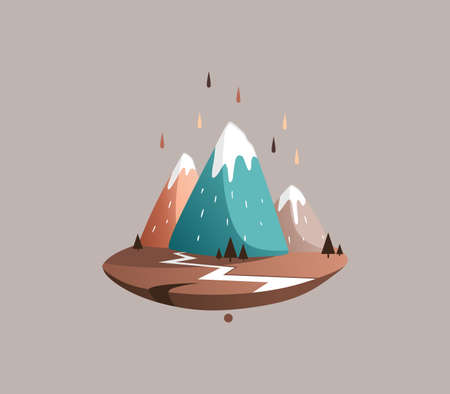 Vector mountain landscape with three colorful mountains on a piece of land with a winding river.のイラスト素材