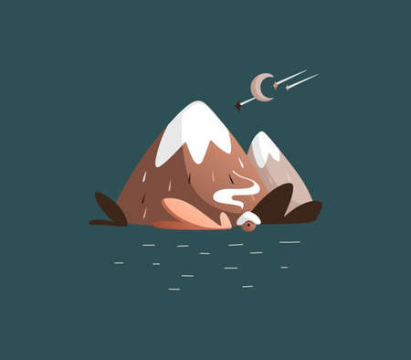 Vector mountain night landscape with brown mountains with snow caps on the tops.のイラスト素材