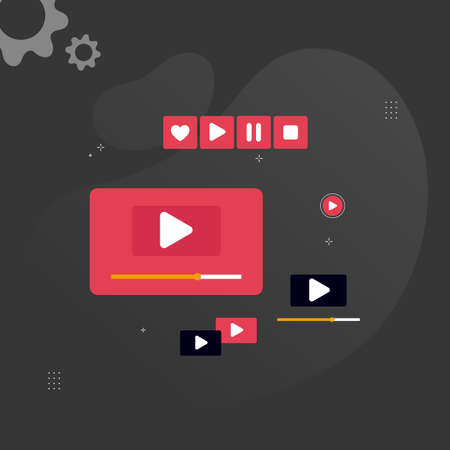 Set of Red Media player buttons icons in line style. Set of vector interface icons isolated, for the website and app.のイラスト素材